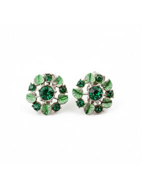 Vintage Czech Green Rhinestone Clip On Earrings, Enamel Leaf Floral Cluster